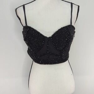H&M Womens Jeweled Cropped Shirt Top Black Spaghetti Straps‎ L